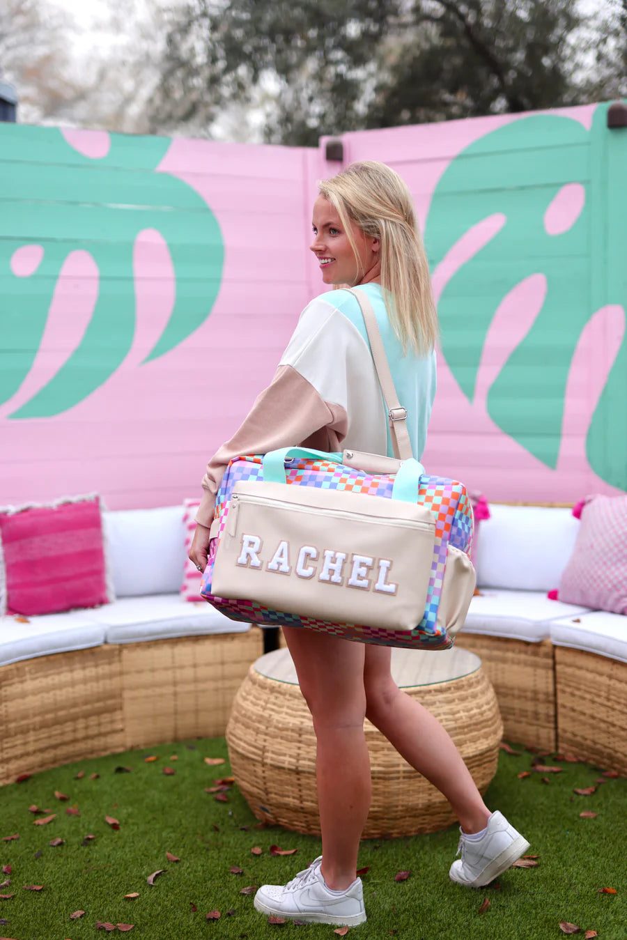 Duffle Bag Happy Checkered LONG pocket (Cream/Mint/Multi Colored Checker)