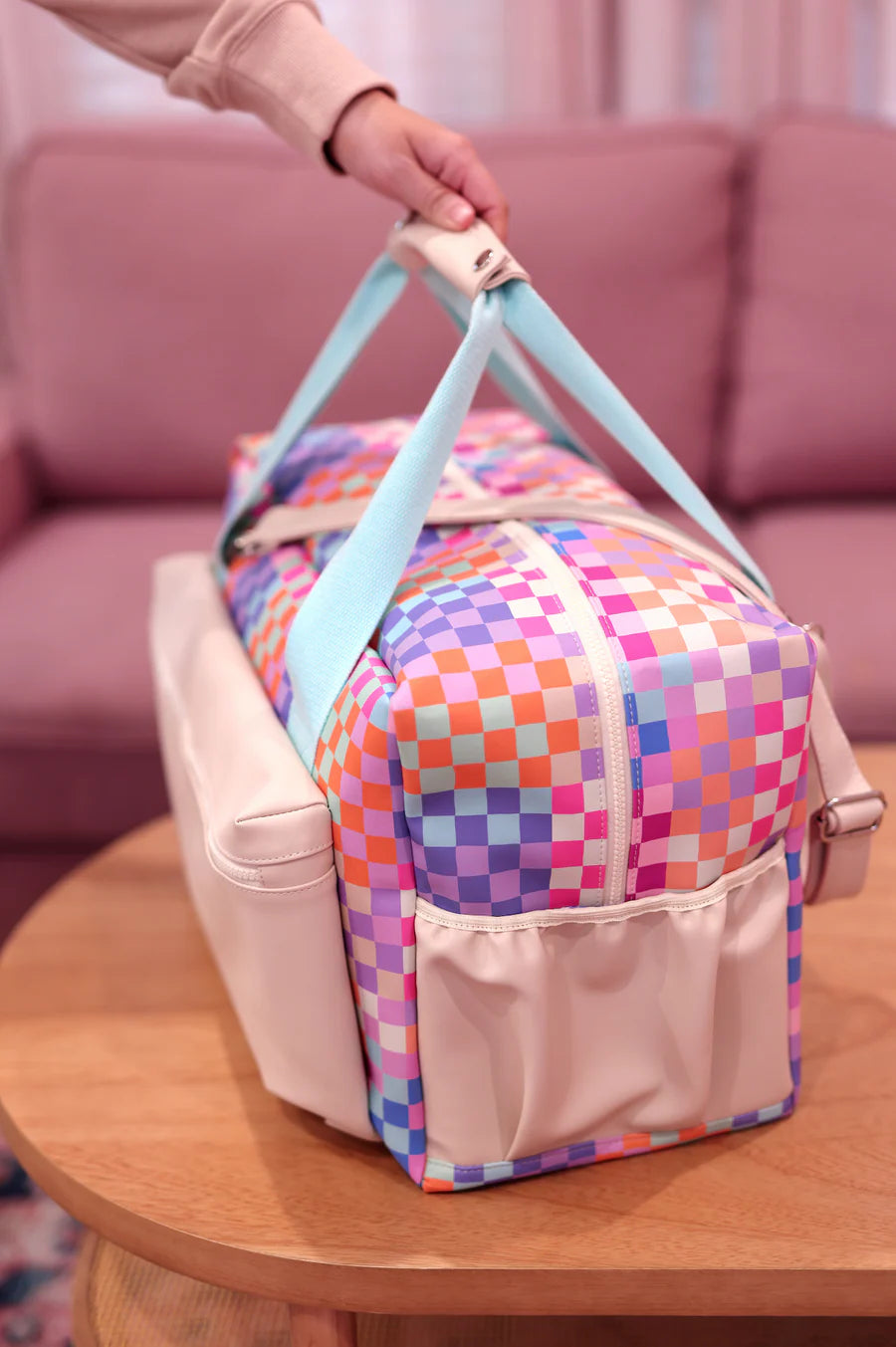 Duffle Bag Happy Checkered LONG pocket (Cream/Mint/Multi Colored Checker)
