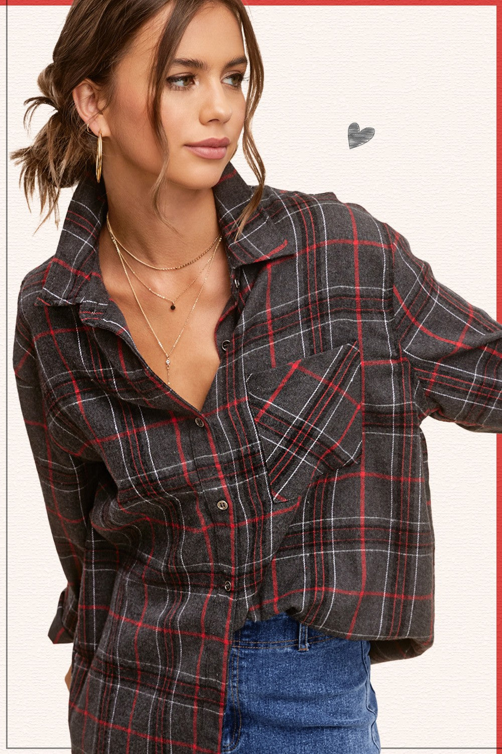 grey/ red plaid button up