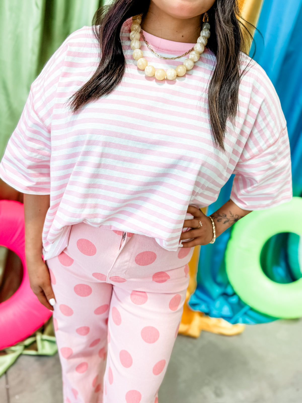 Polka Dot Stretchy Blush Denim Pants