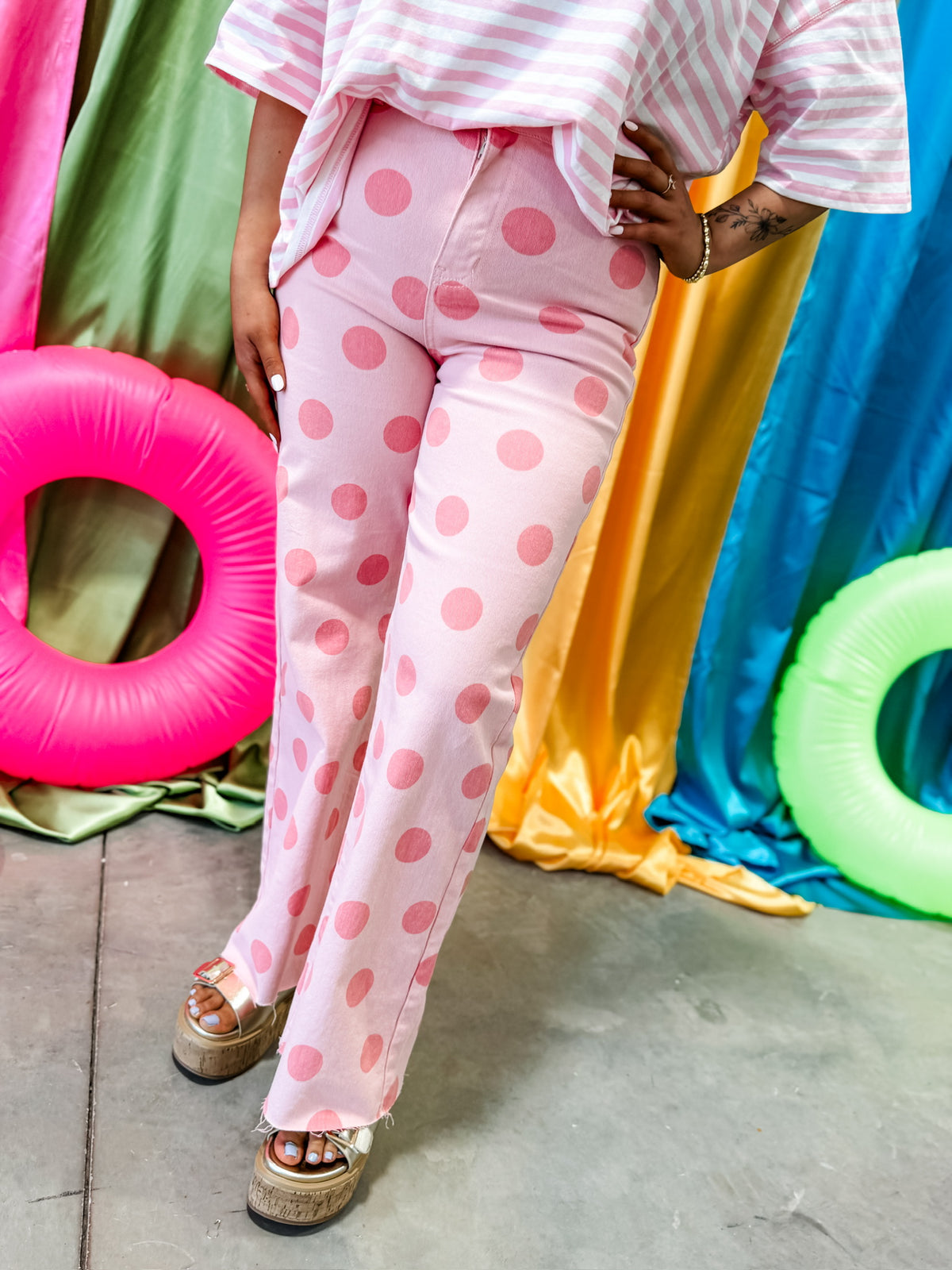 Polka Dot Stretchy Blush Denim Pants