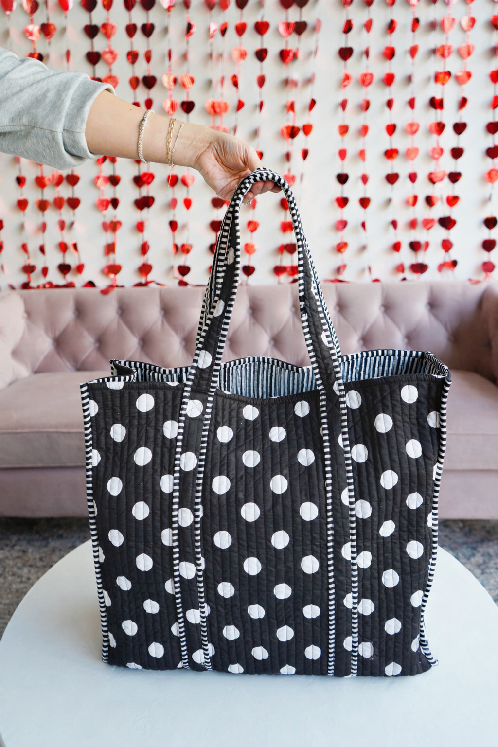 Polka Dot Quilted Block Print Tote