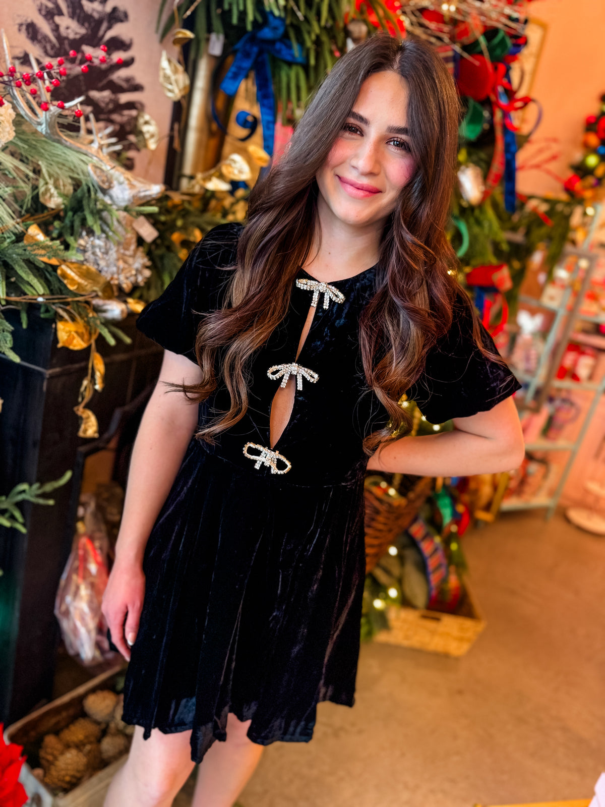 Velvet Black Sparkle Bow Dress