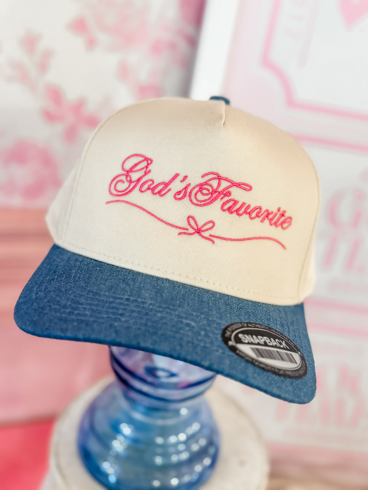 God's Favorite cap with denim bill and pink thread