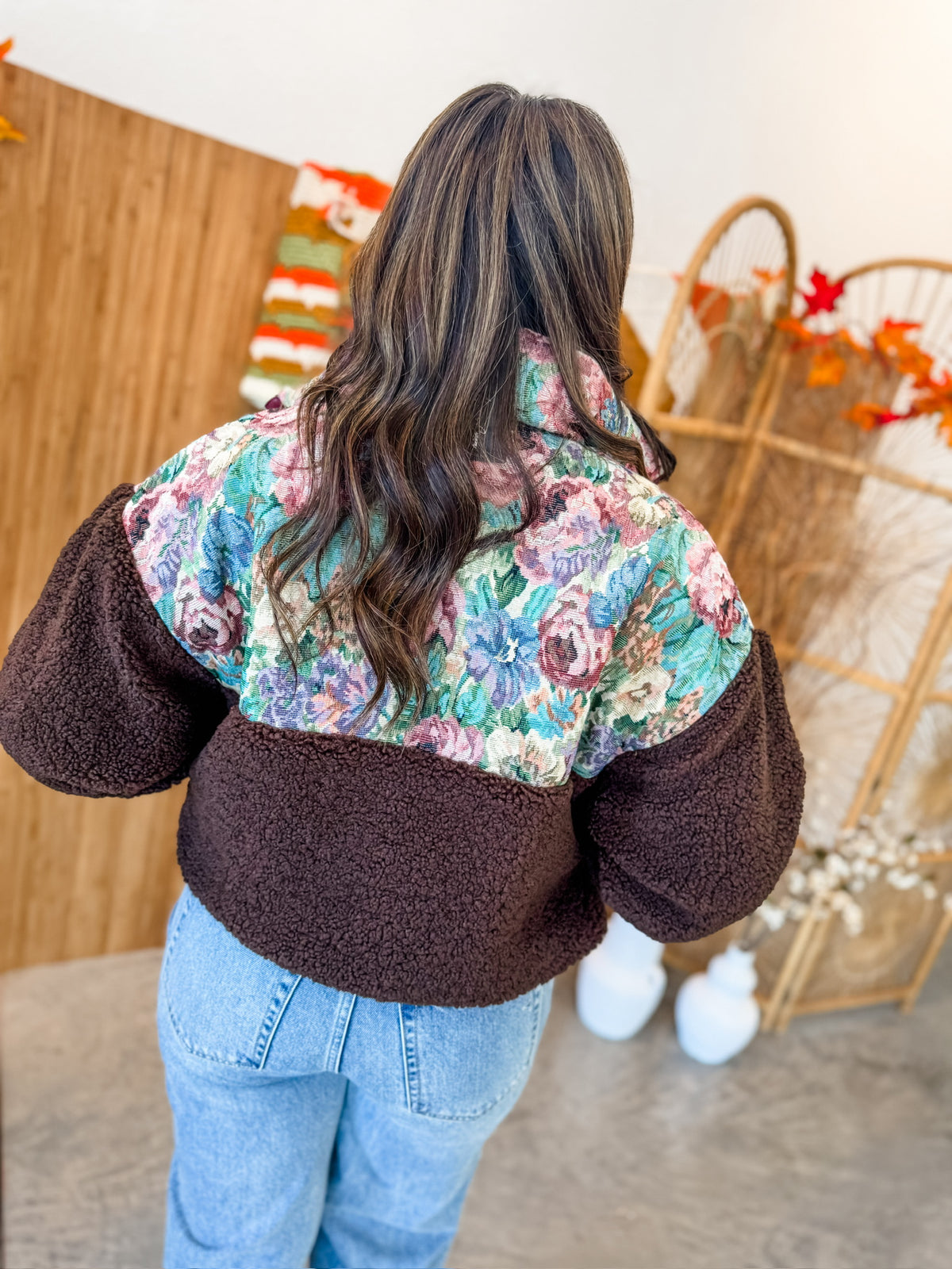 Dark Floral Jacquard Sherpa Jacket