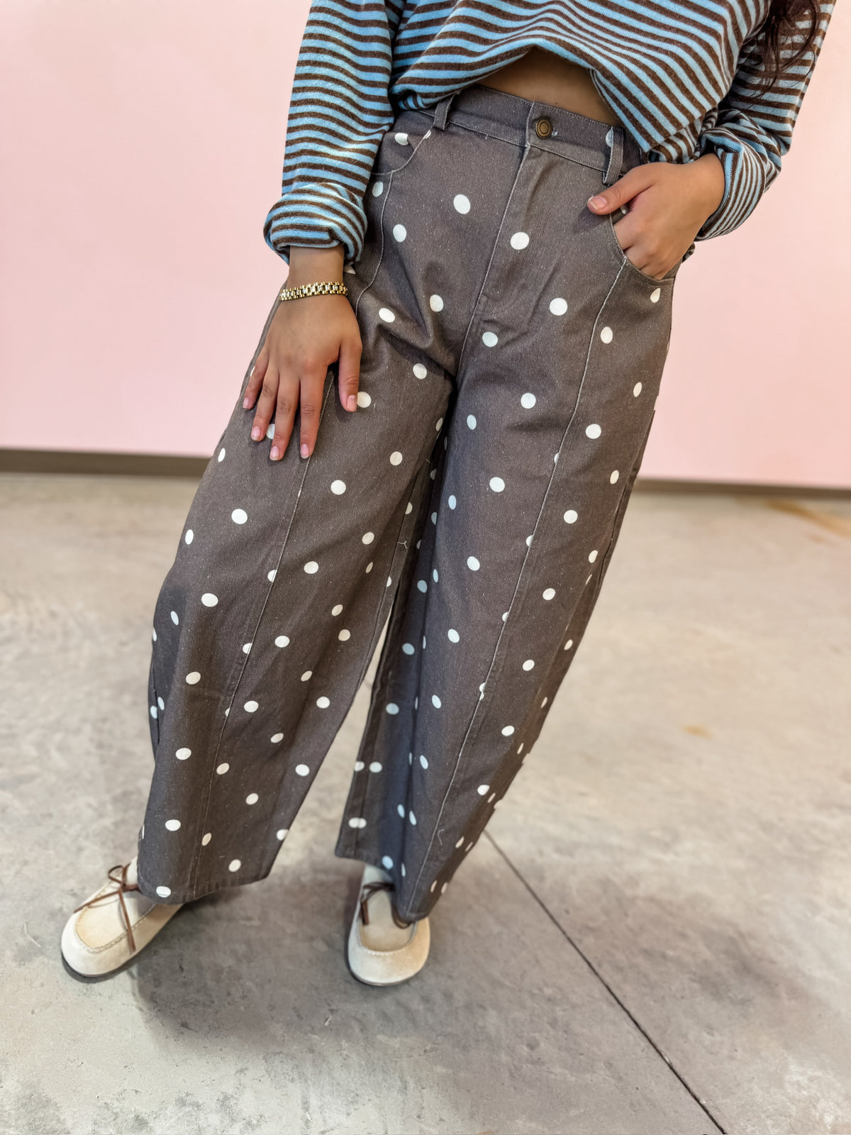 Polka Dot Brown Barrel Jeans