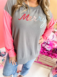 3D Embroidery Merry (Grey/Vintage Red) - Light Weight Color Block Sweatshirt