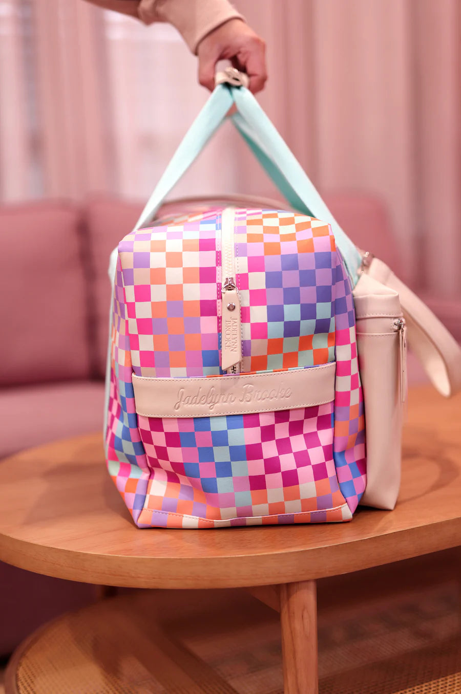 Duffle Bag Happy Checkered LONG pocket (Cream/Mint/Multi Colored Checker)