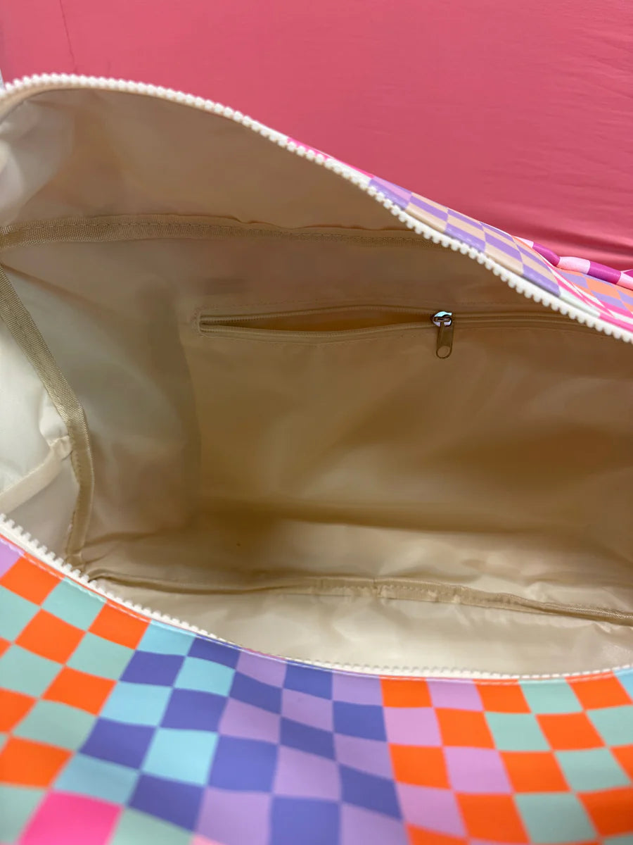 Duffle Bag Happy Checkered LONG pocket (Cream/Mint/Multi Colored Checker)