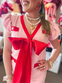 Pink Tweed Dress With Red Bow