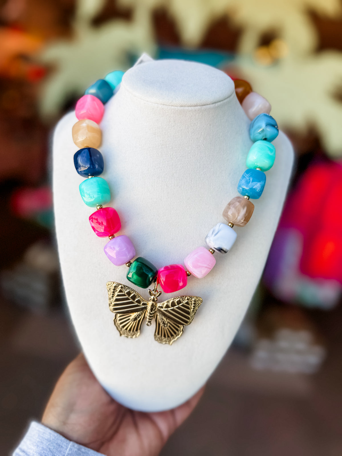 Chunky Beaded Square Butterfly Necklace