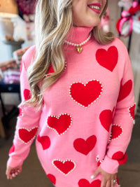 Pink Sweater Tunic With Red Hearts and Pearls