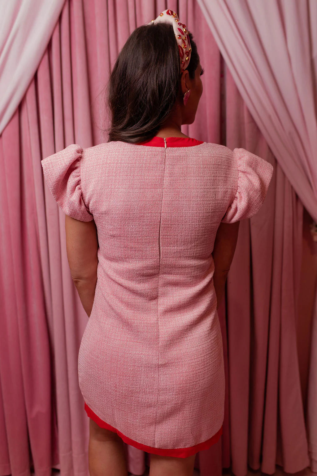 Pink Tweed Dress With Red Bow