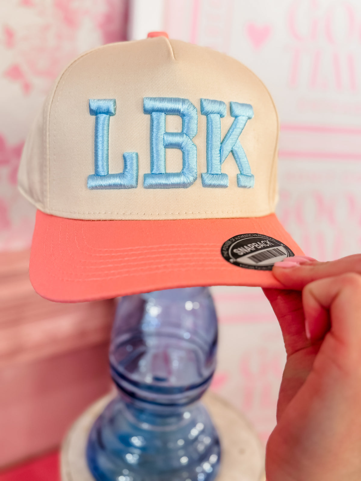 LBK Hat with pink bill and light blue thread