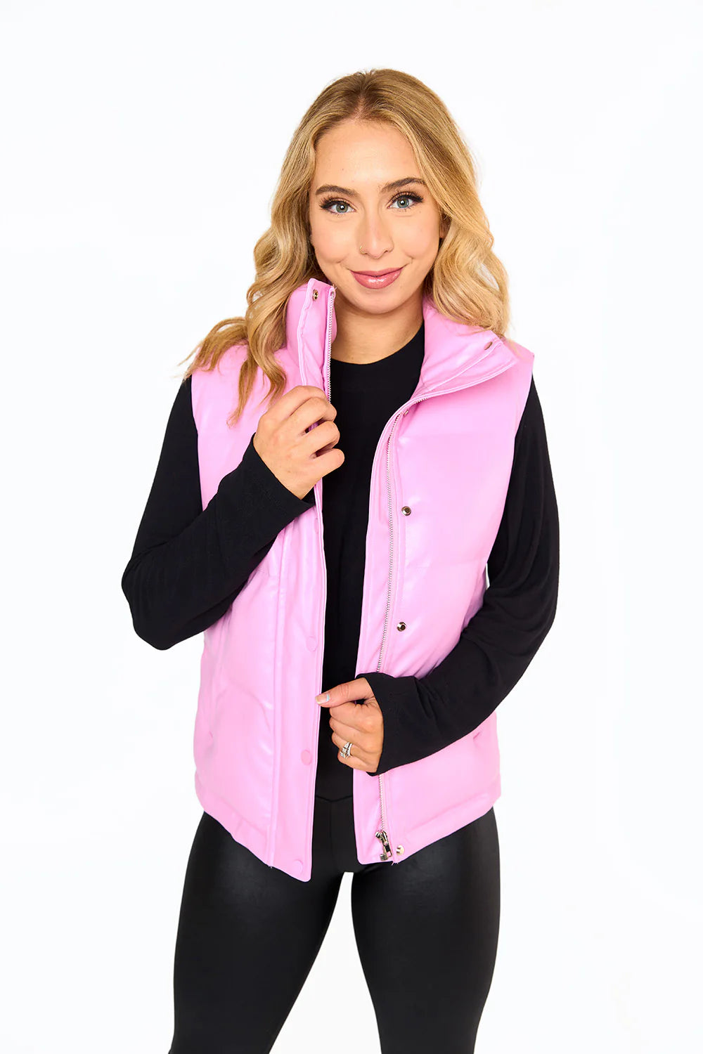 Helen Vegan Leather Puffer Vest - pink