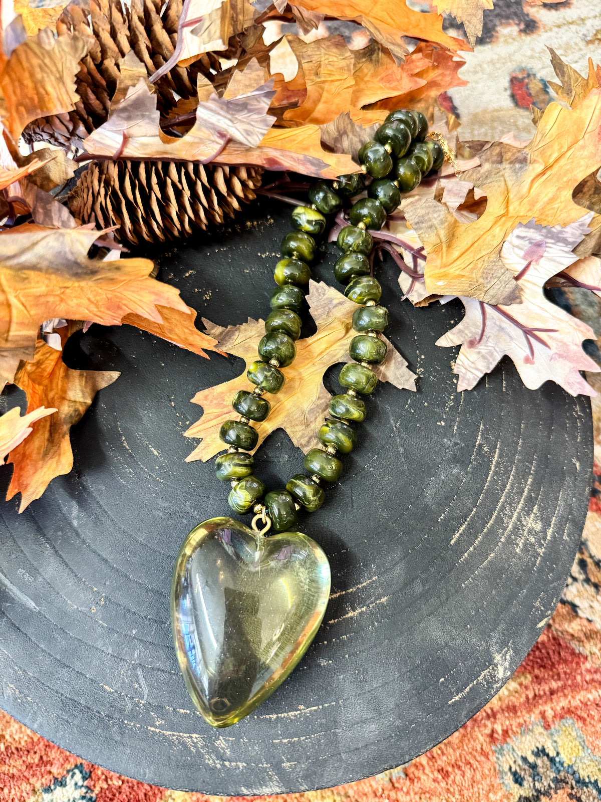 Olive Green Beaded Heart Necklace