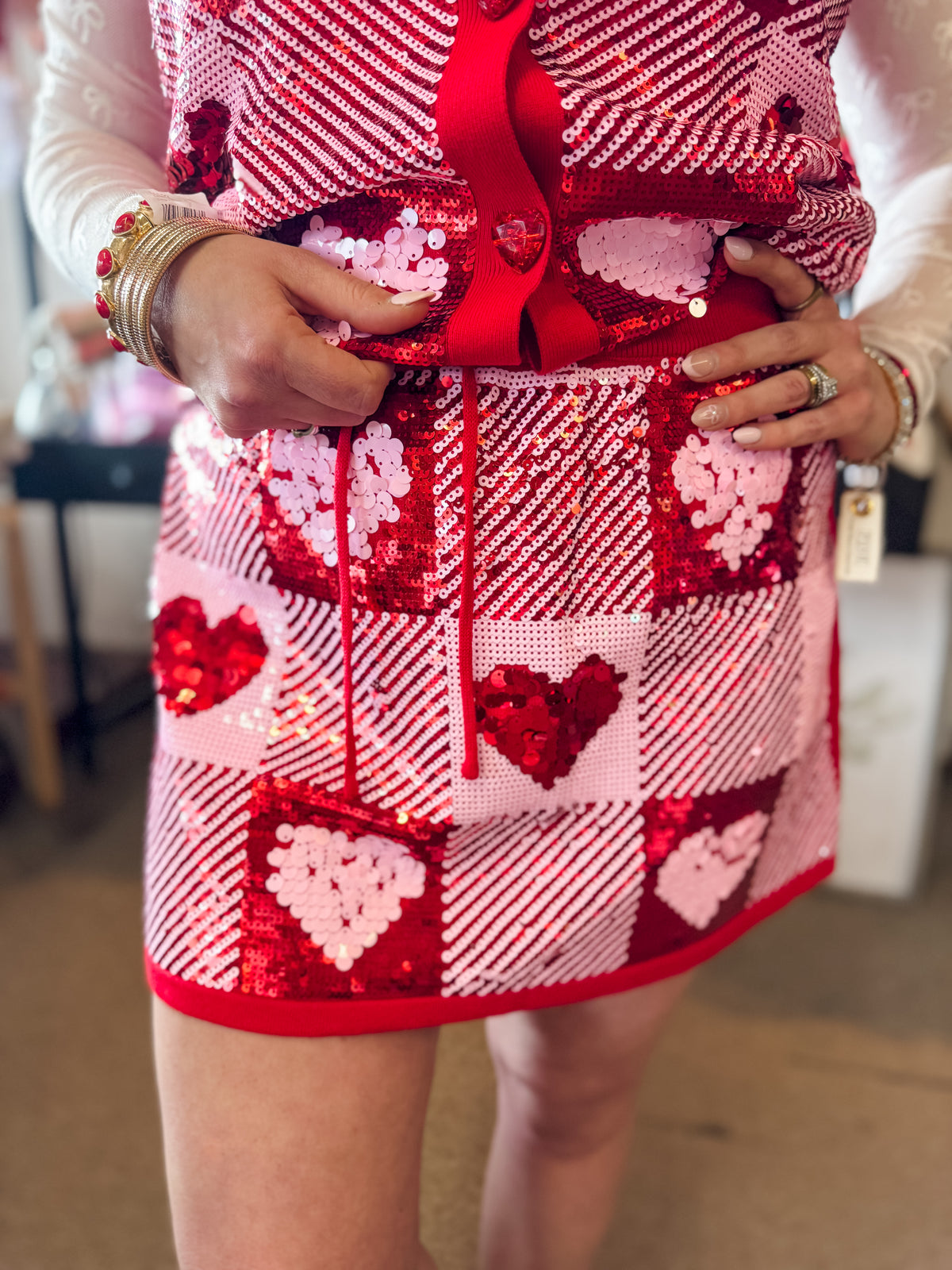 Sequin Heart Plaid Skirt