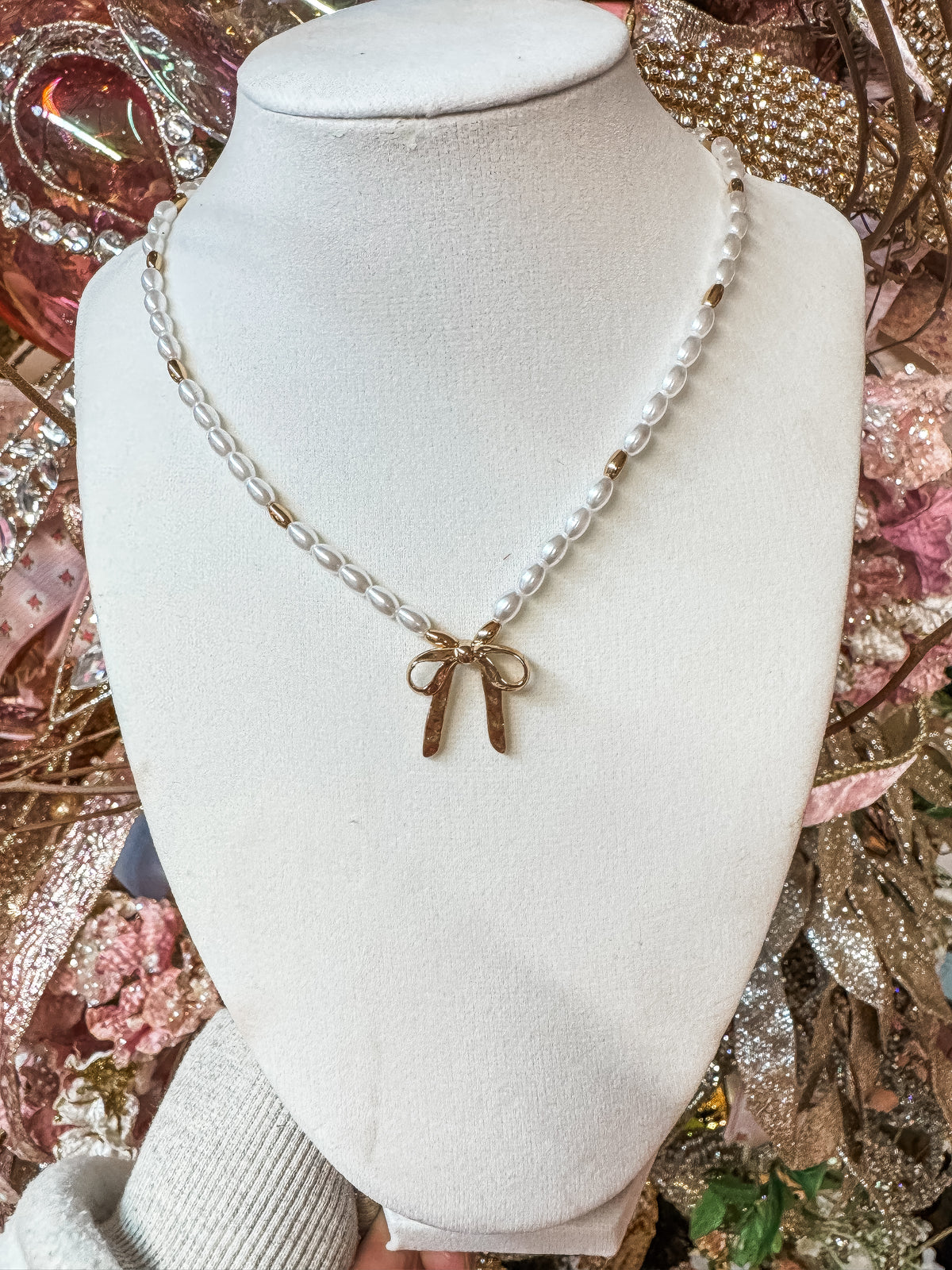Bow Ribbon Pearl Gold Mix Necklace