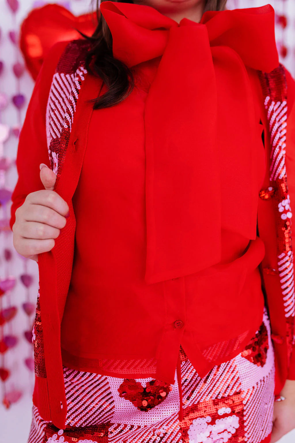 Red Button Down Blouse with Bow Top