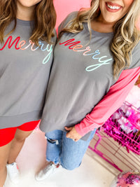 3D Embroidery Merry (Grey/Vintage Red) - Light Weight Color Block Sweatshirt