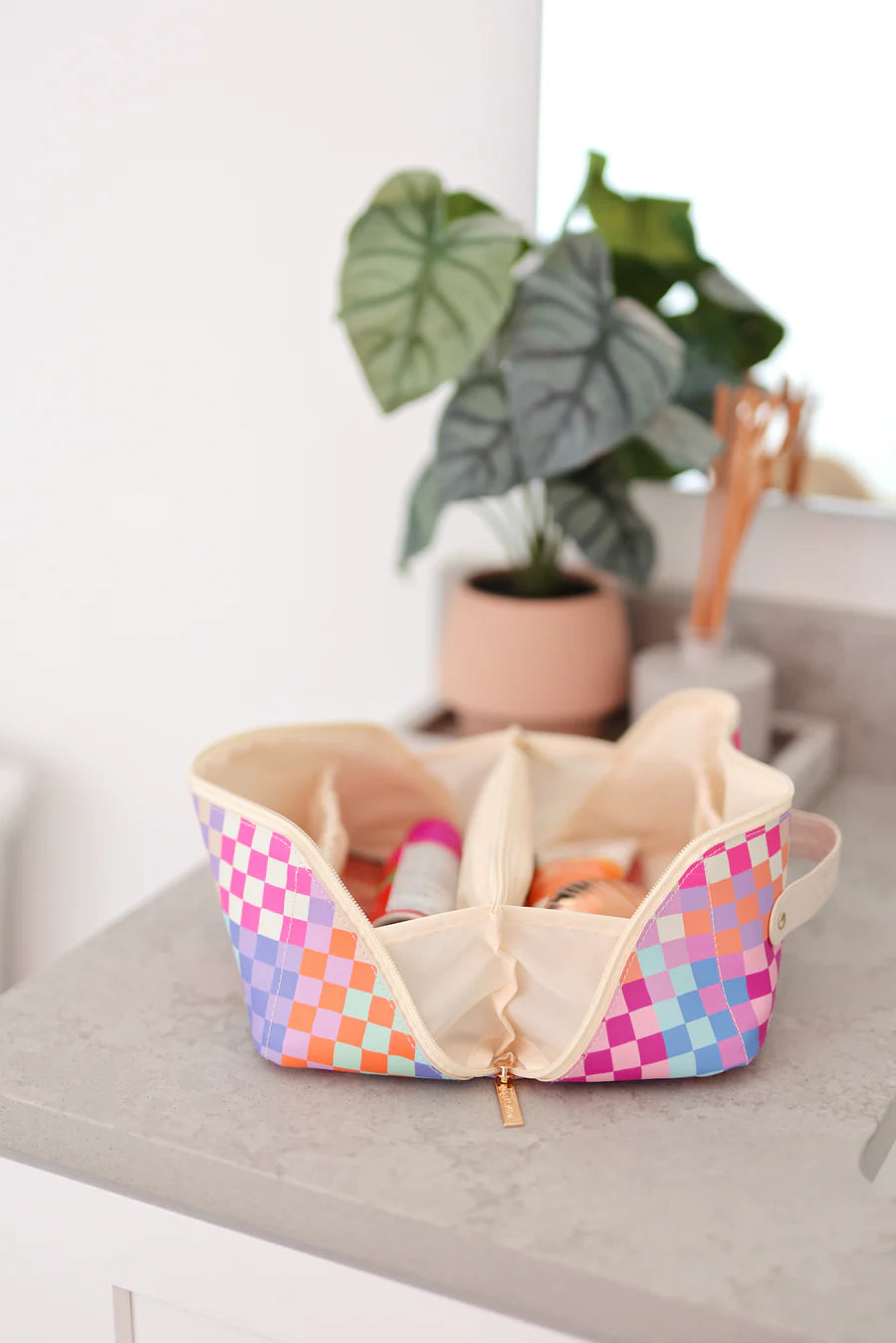 Custom Hold All Cosmetic Bag - Happy Checker (Multi Color)