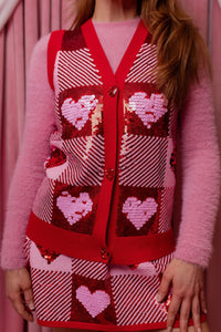 Sequin Heart Plaid Sweater Vest