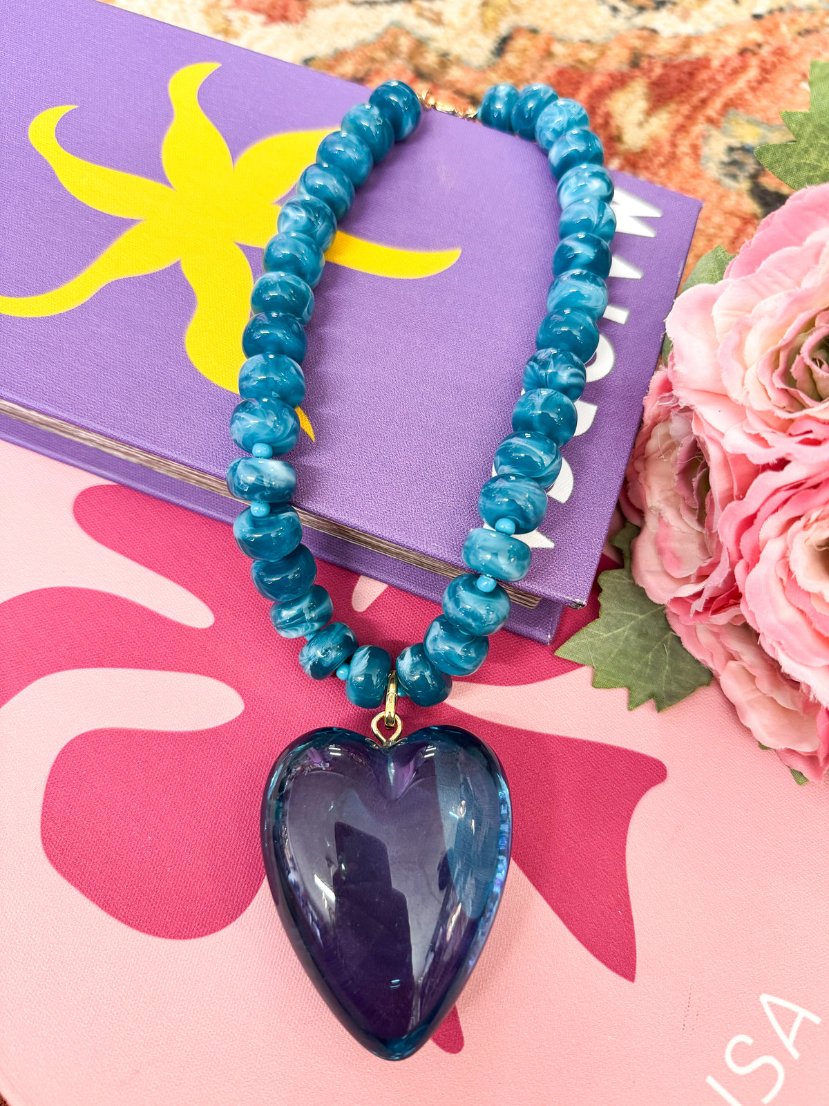 Teal Blue Beaded Heart Necklace