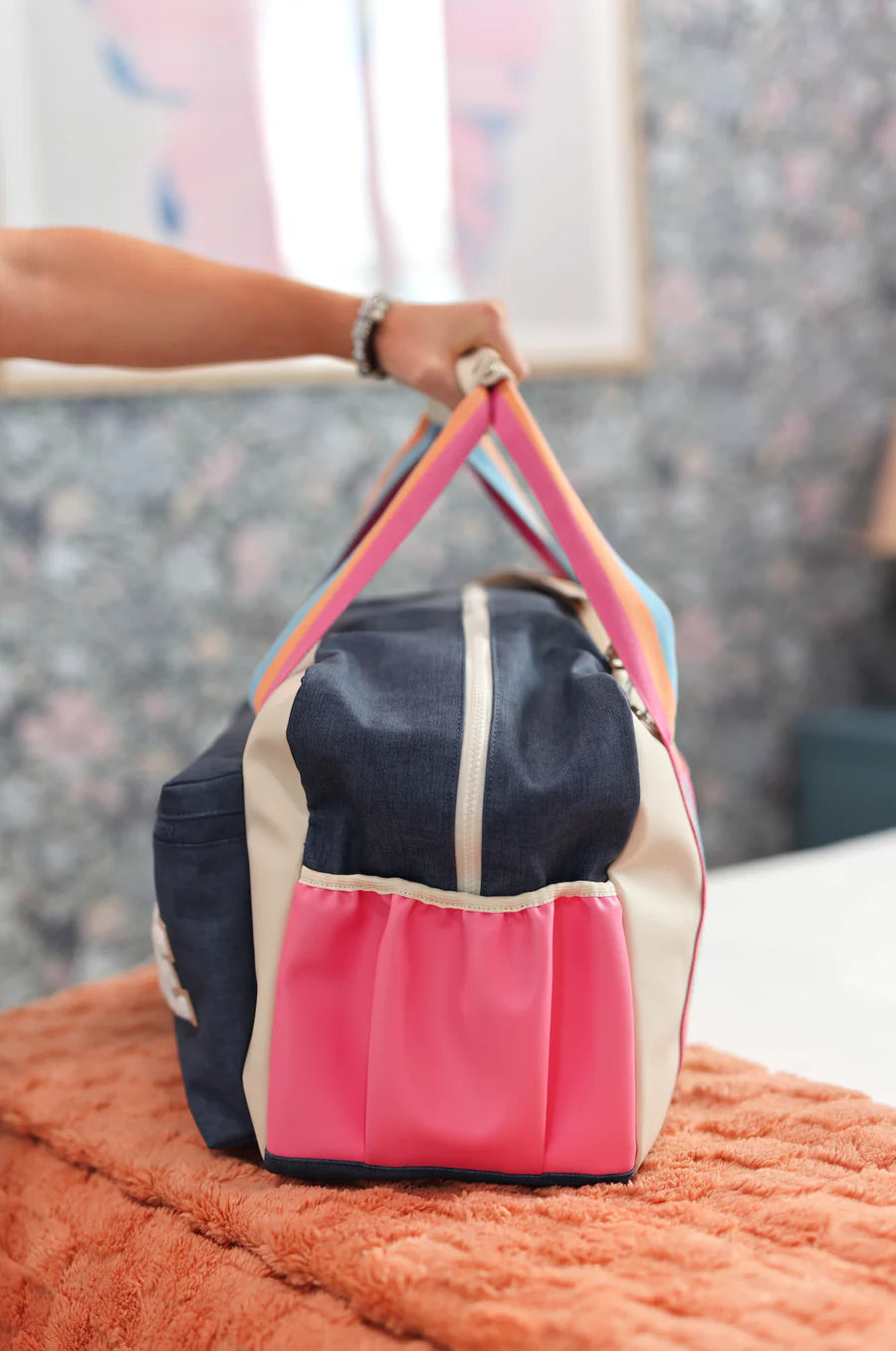 Custom Duffle Bag - Denim Print Color Block (Denim Print/Cream/Mint)