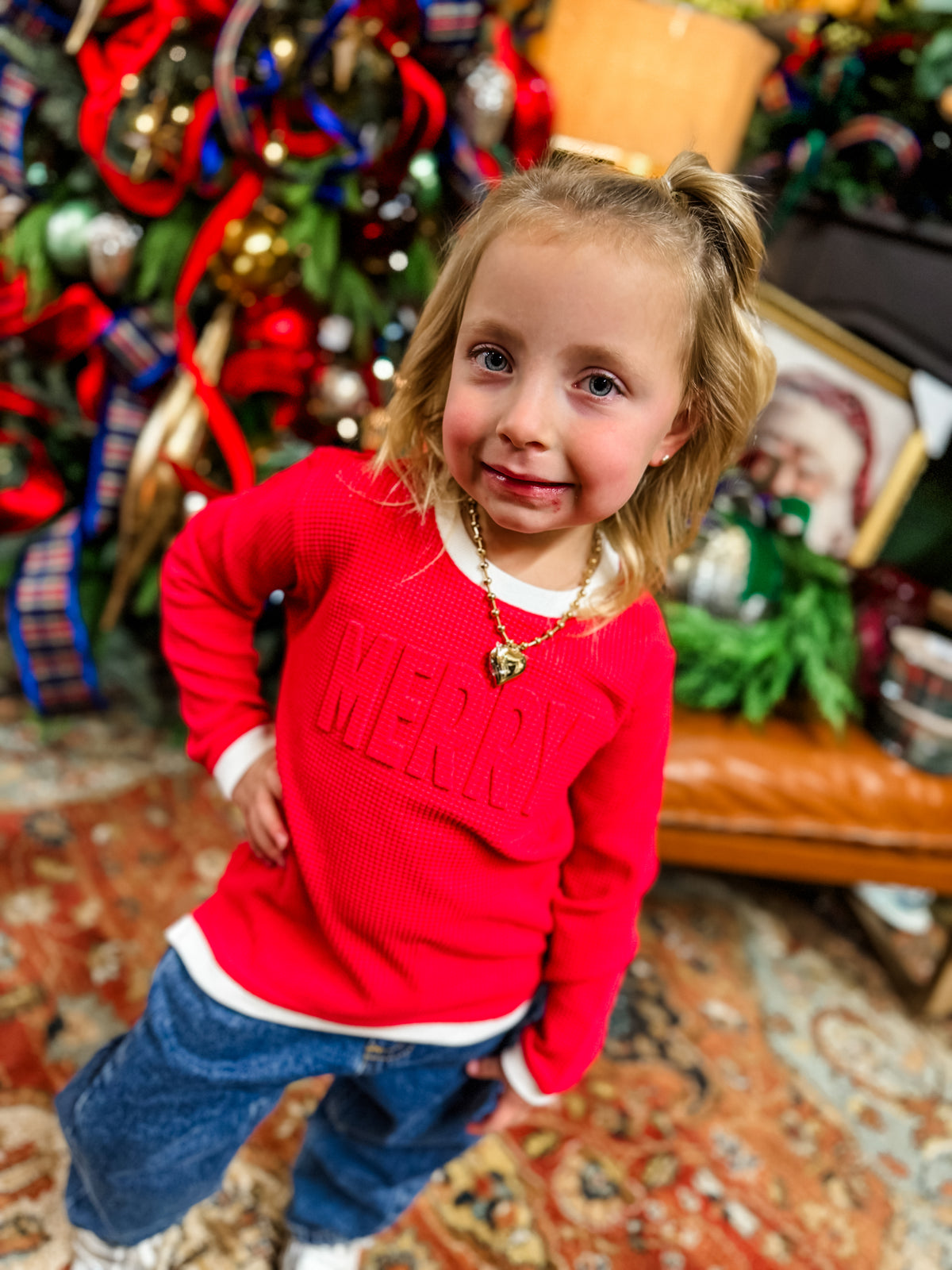 Youth Embossed Effortless Waffle- Merry Red/Cream