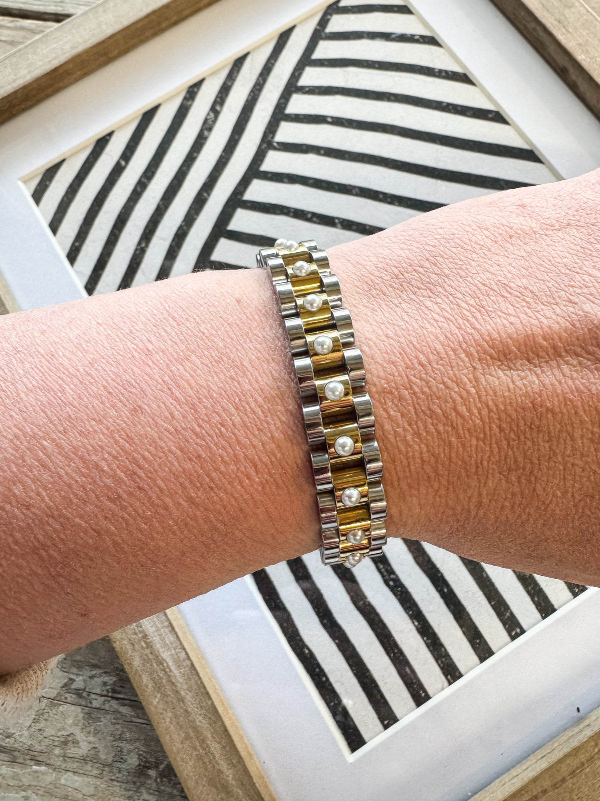 Pearl Mixed Metal Watch Band Bracelet