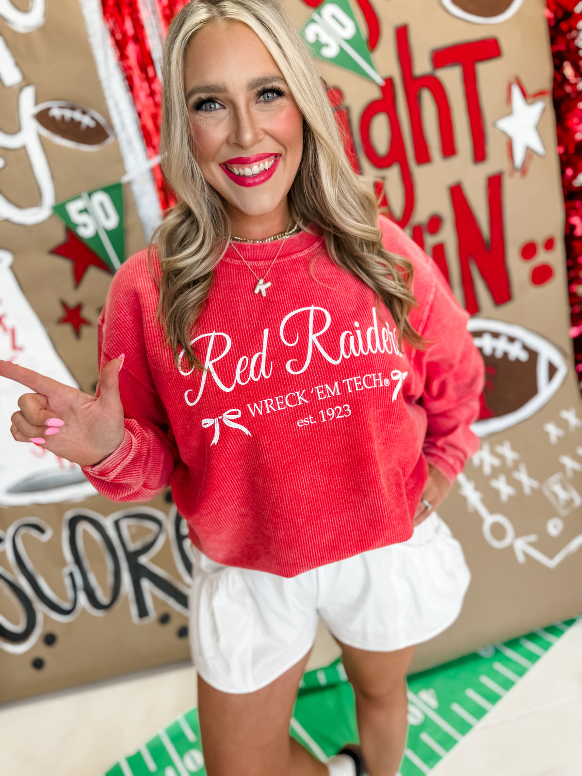 Texas Tech Established Bows Red Corded Crew Sweatshirt- Licensed Apparel By Livy Lu Designs