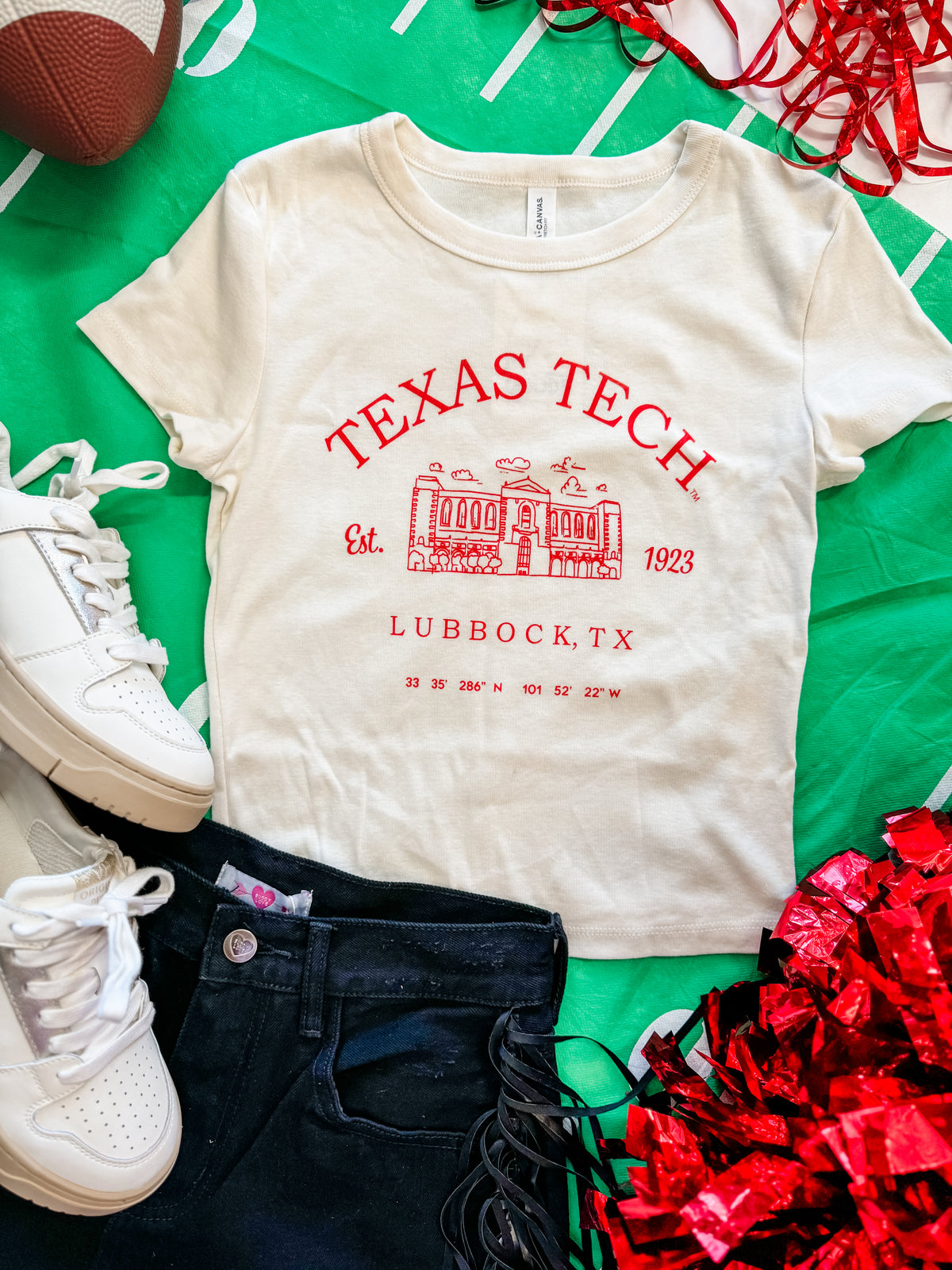 Texas Tech Stadium Coordinates Off White Micro Cropped Tee- Licensed Apparel By Livy Lu Designs