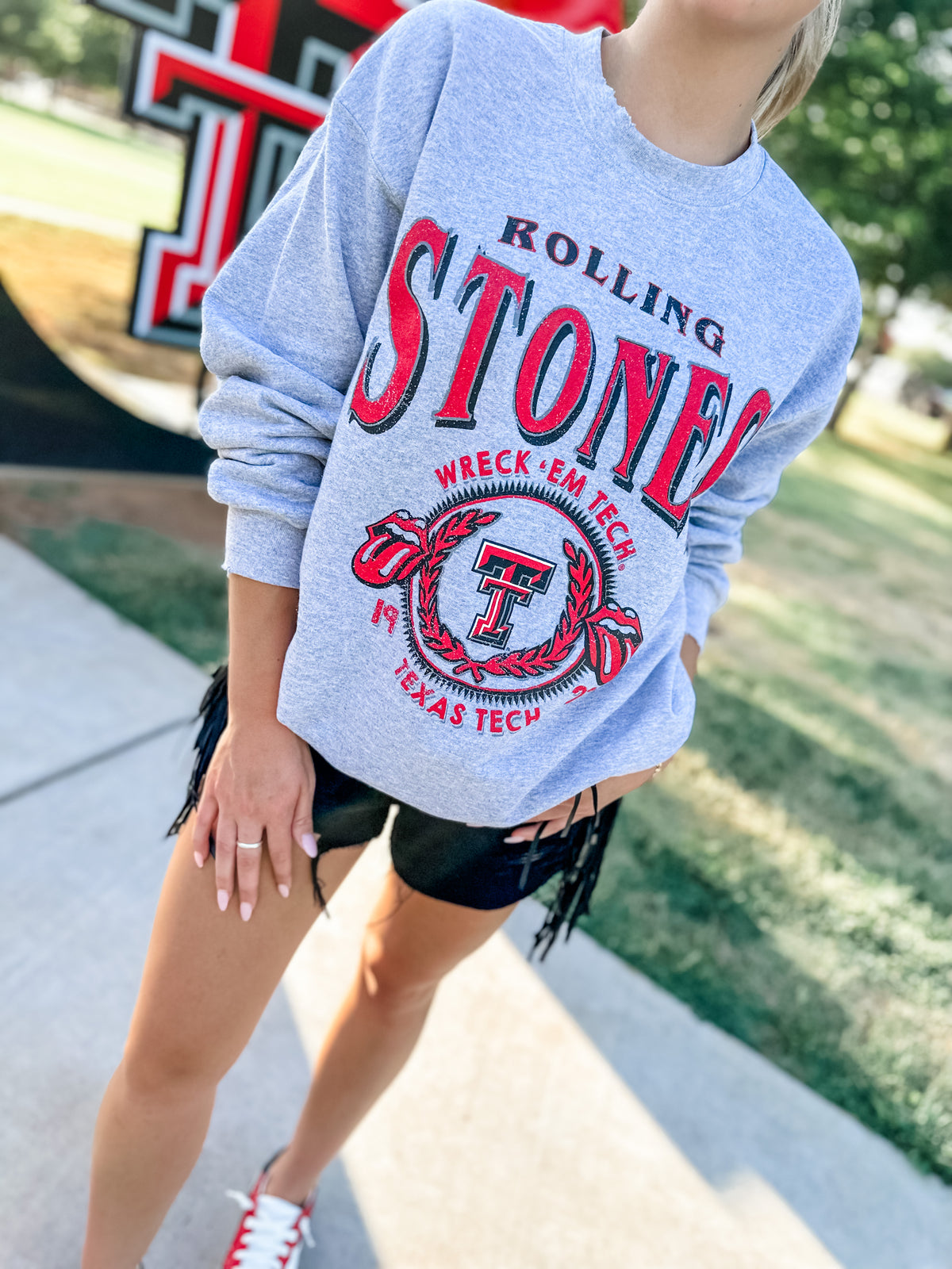 Rolling Stones Texas Tech College Seal Gray Thrifted Sweatshirt
