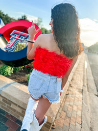 FANCY STRAPLESS FEATHER CROP TOP