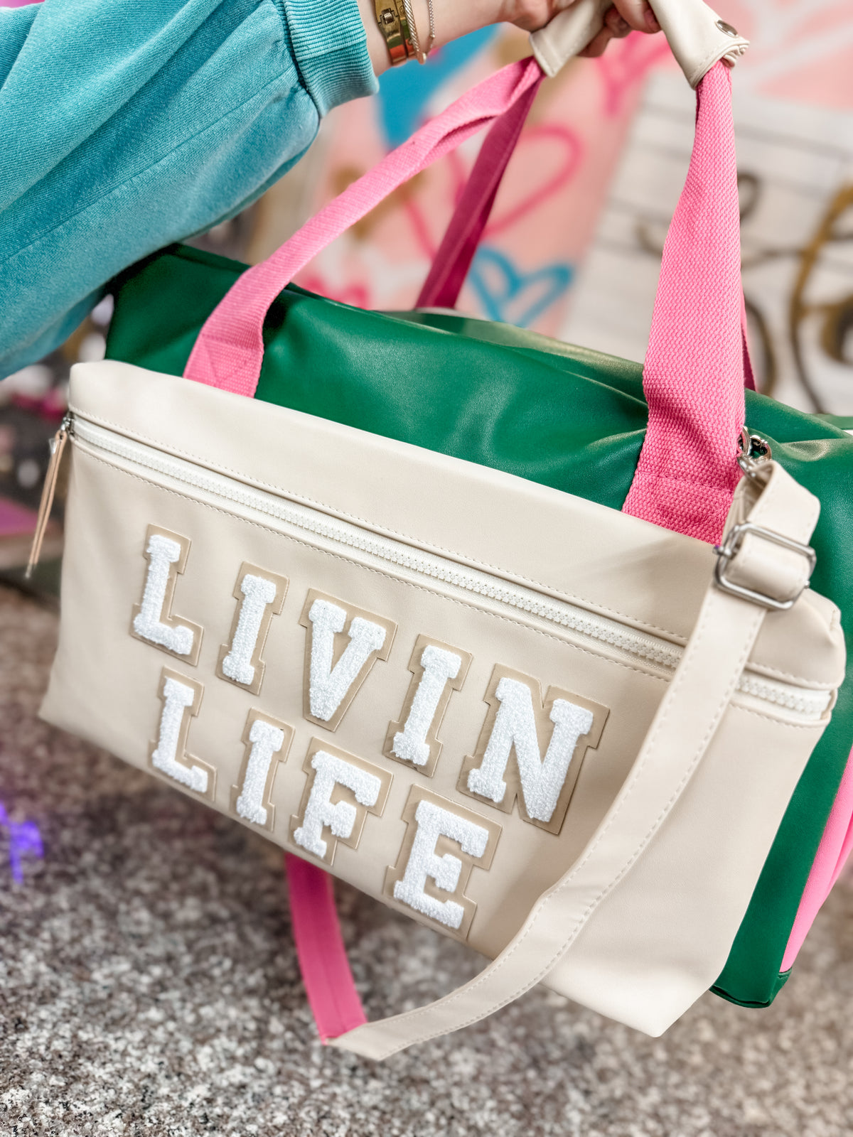 Custom Duffle Bag - Livin Life Color Block (Green/Pink/Cream)