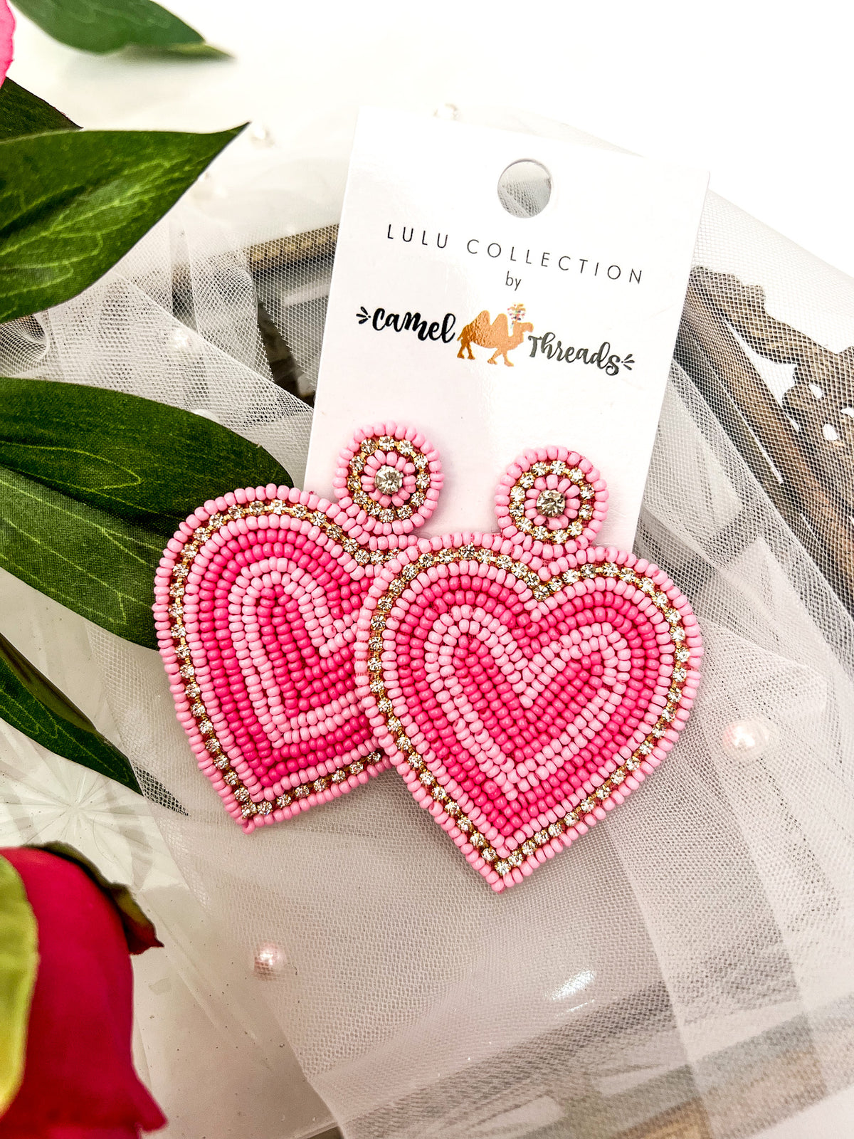 Pink Beaded Heart Earrings