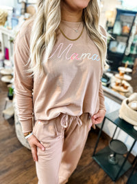 Every Day Set - Mama 3D Embroidery (Taupe) - Sweatshirt / Lounge Pants