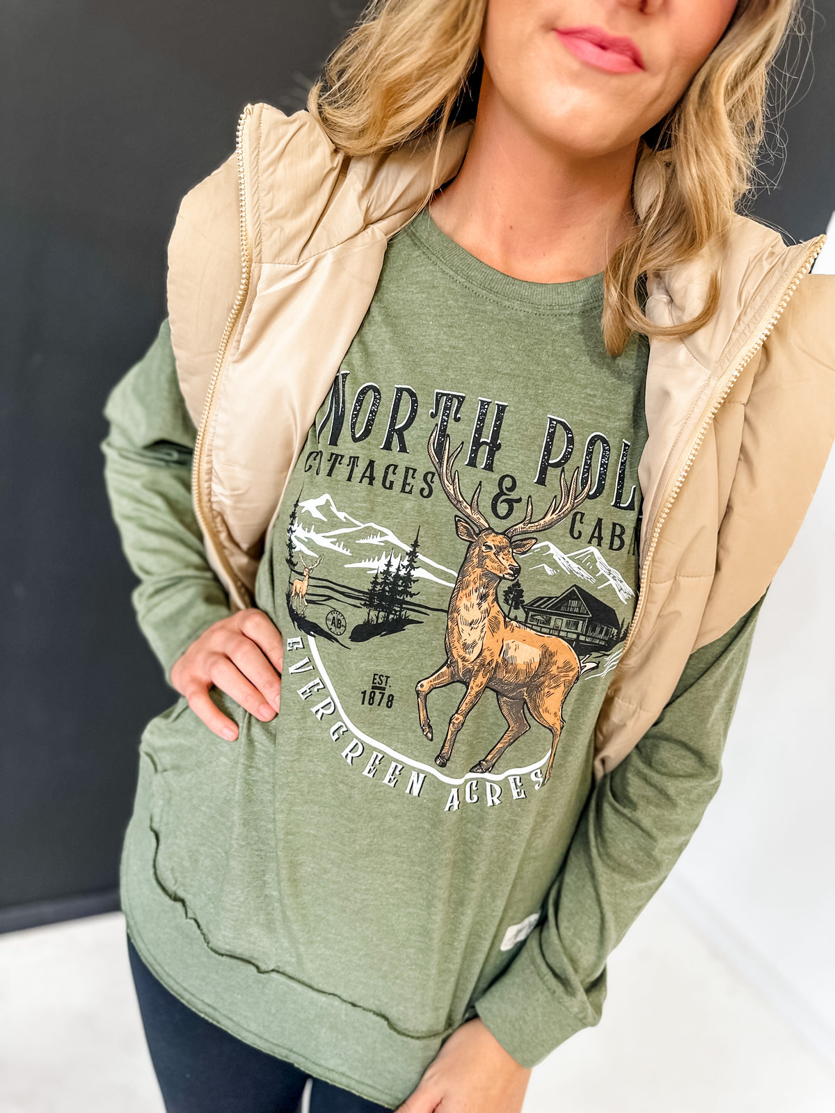 Evergreen Acres Olive High Low Long Sleeve Tee