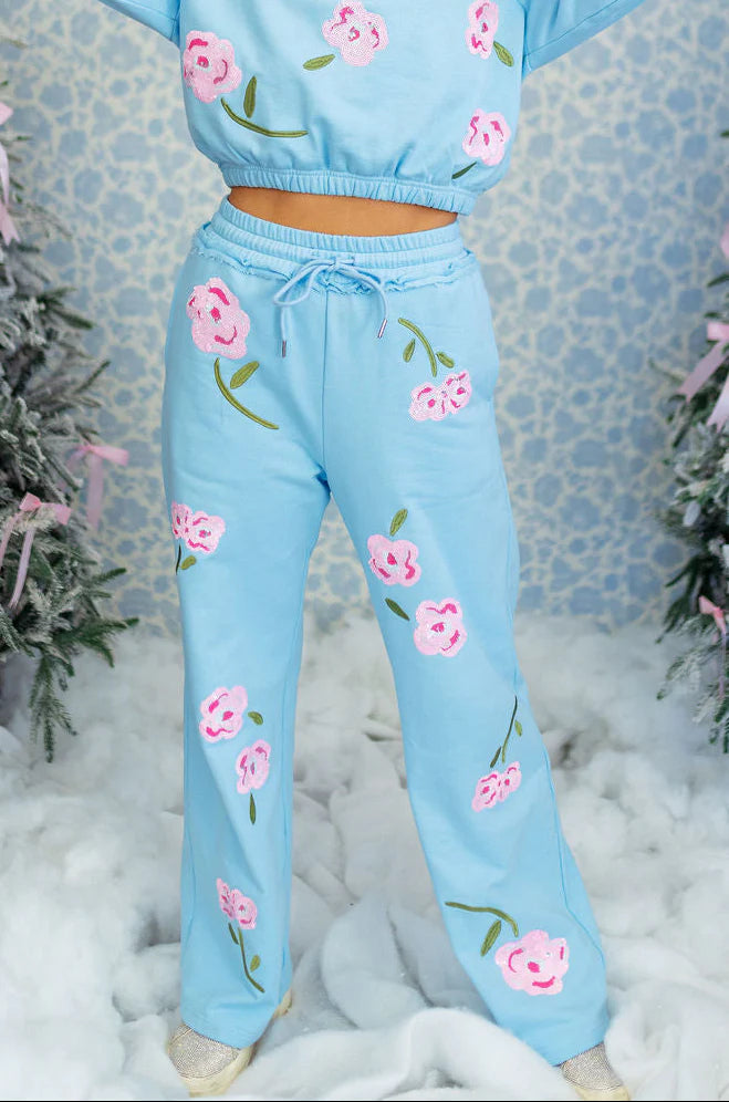 Ice Blue Floral Sweatpants