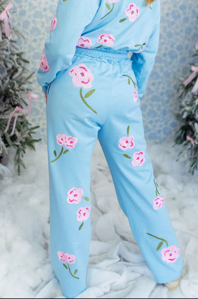 Ice Blue Floral Sweatpants