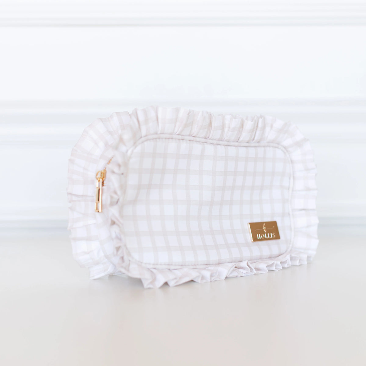 Nude Plaid Ruffled Nylon Medium Pouch