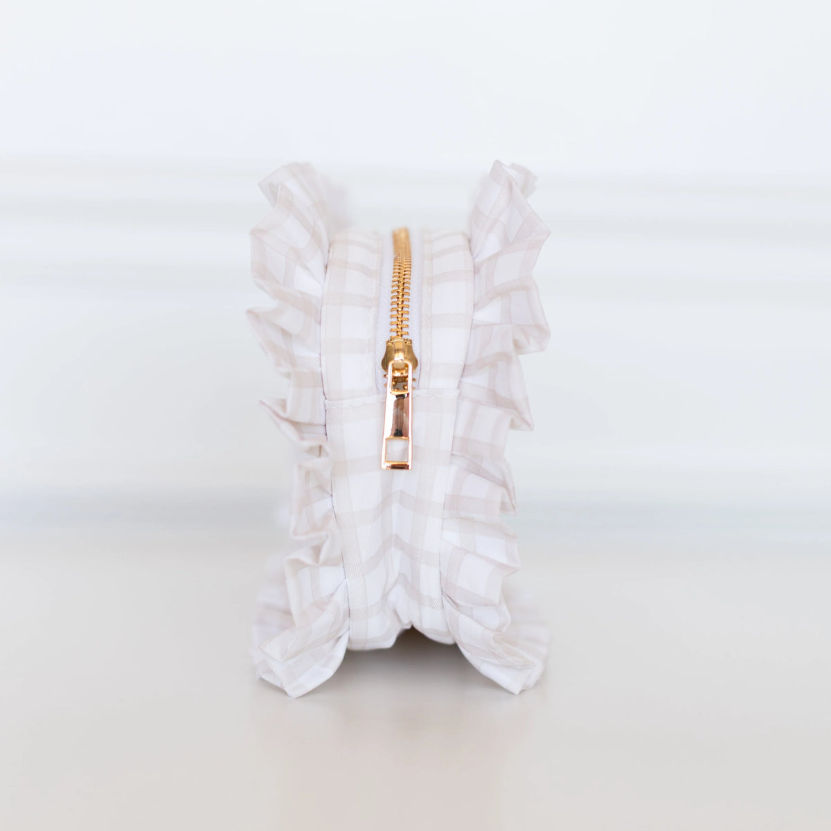 Nude Plaid Ruffled Nylon Medium Pouch