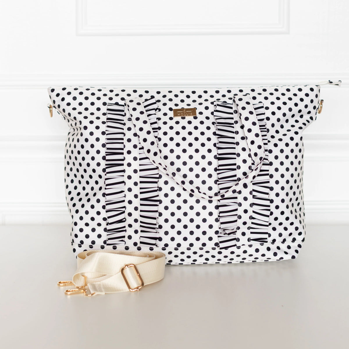 Polka Stripe Ruffled Nylon Tote Bag