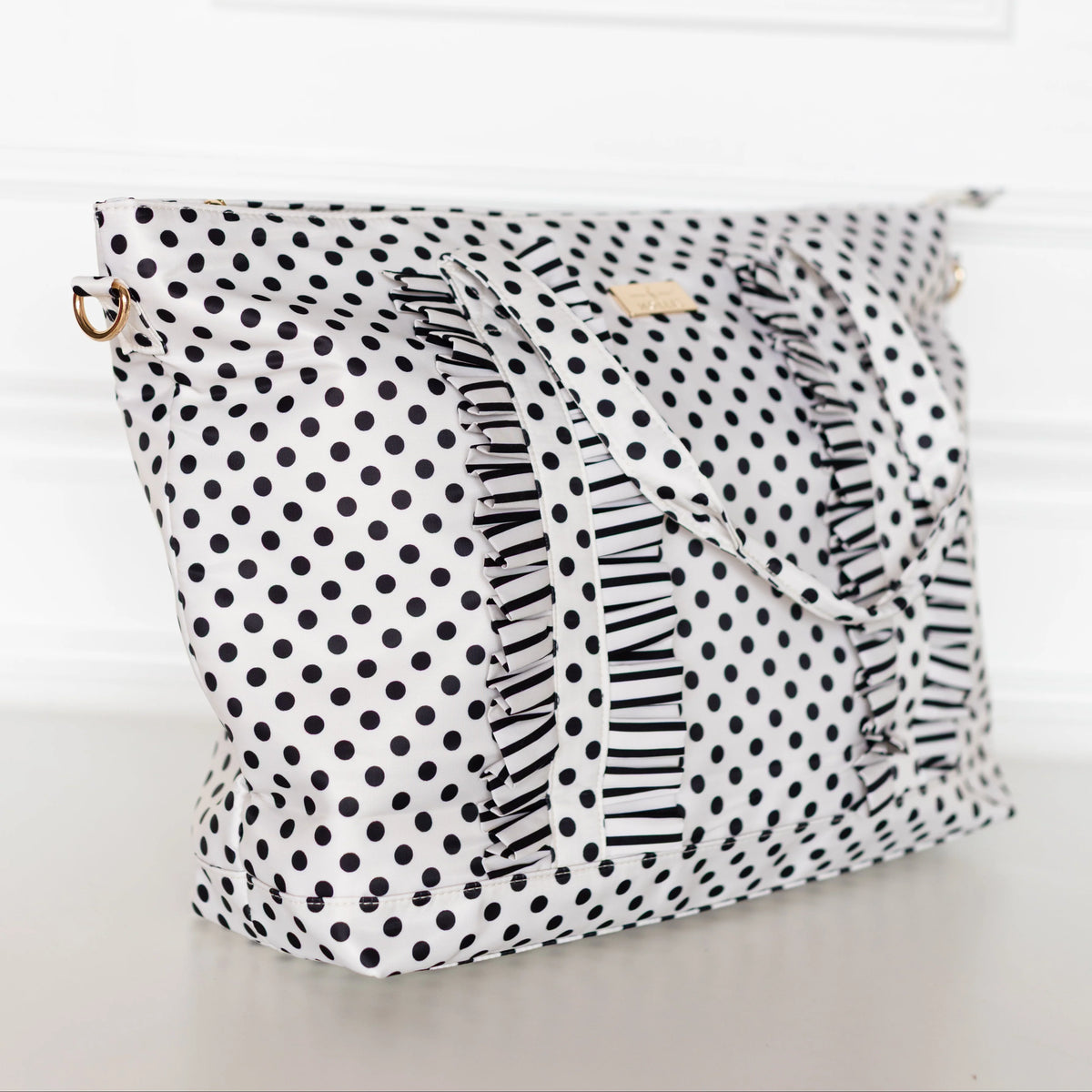 Polka Stripe Ruffled Nylon Tote Bag