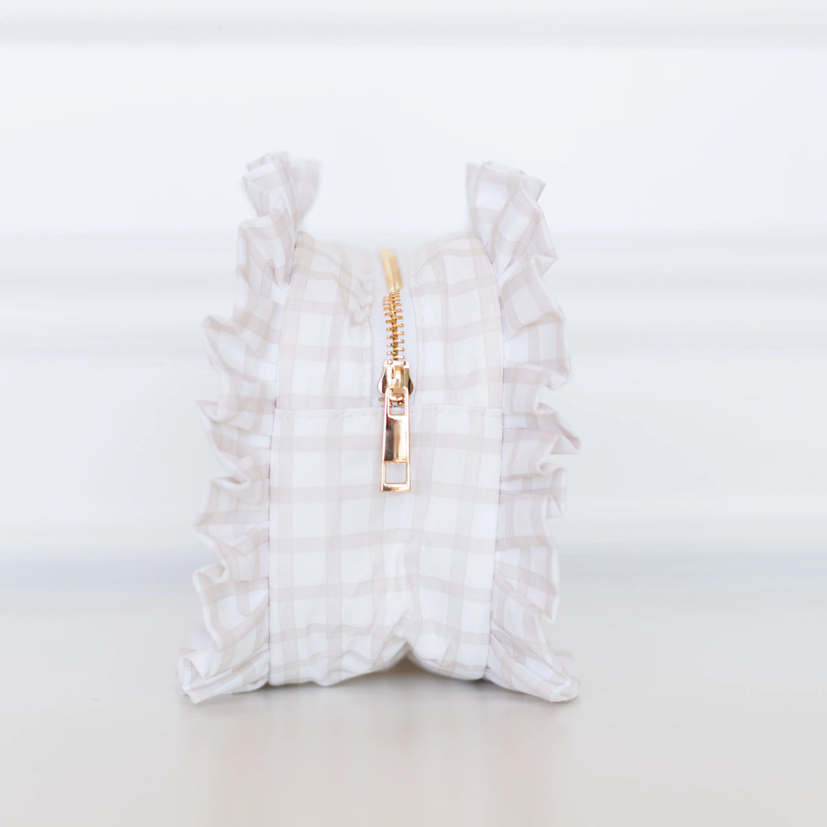 Nude Plaid Ruffled Nylon Large Clear Pouch