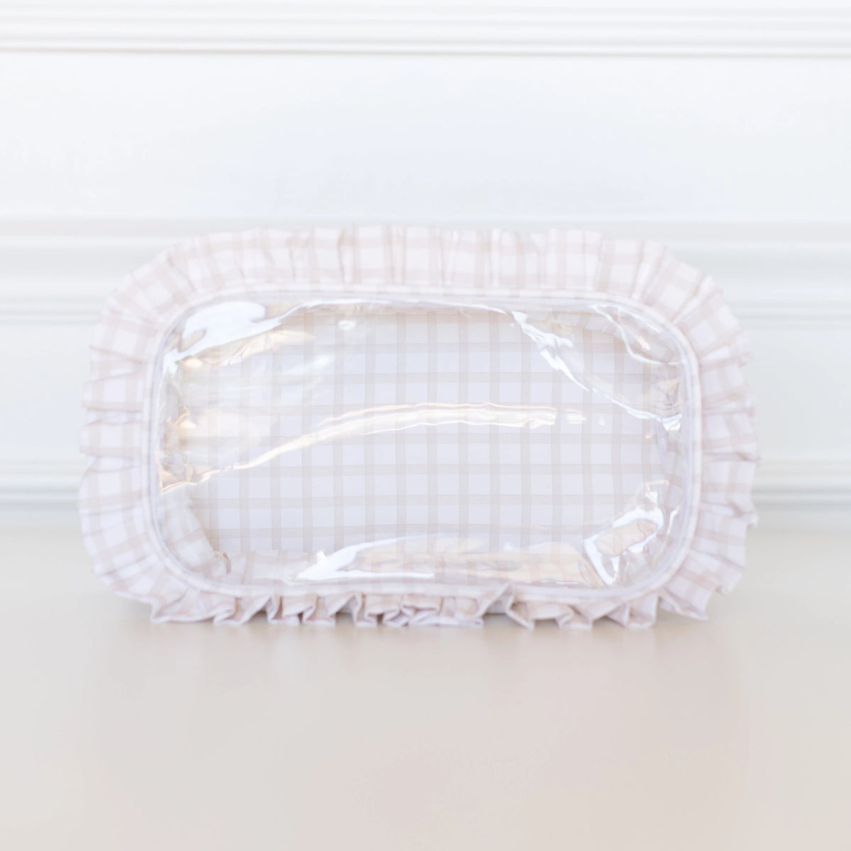Nude Plaid Ruffled Nylon Large Clear Pouch